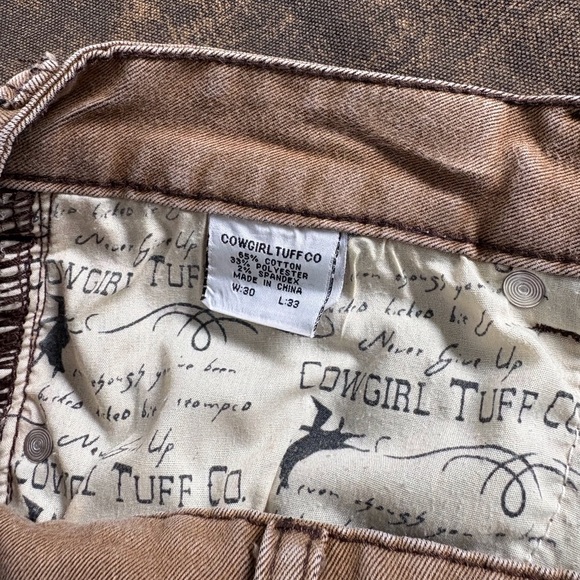 Comfortable Cowgirl Tuff, dark tan jeans, brown barbwire stitching, coin pocket - Picture 2 of 5